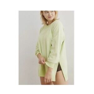 Aerie Sweater Womens S Petite Neon Green Oversized‎ Fleece Lounge Cozy Slit Hem